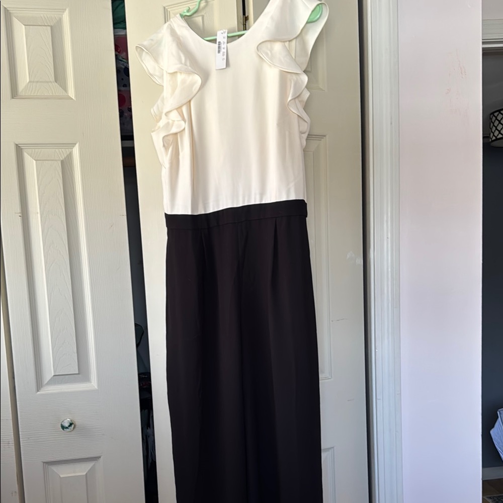 NWT JCrew Flounce Sleeve Open Back Black and White Jumpsuit